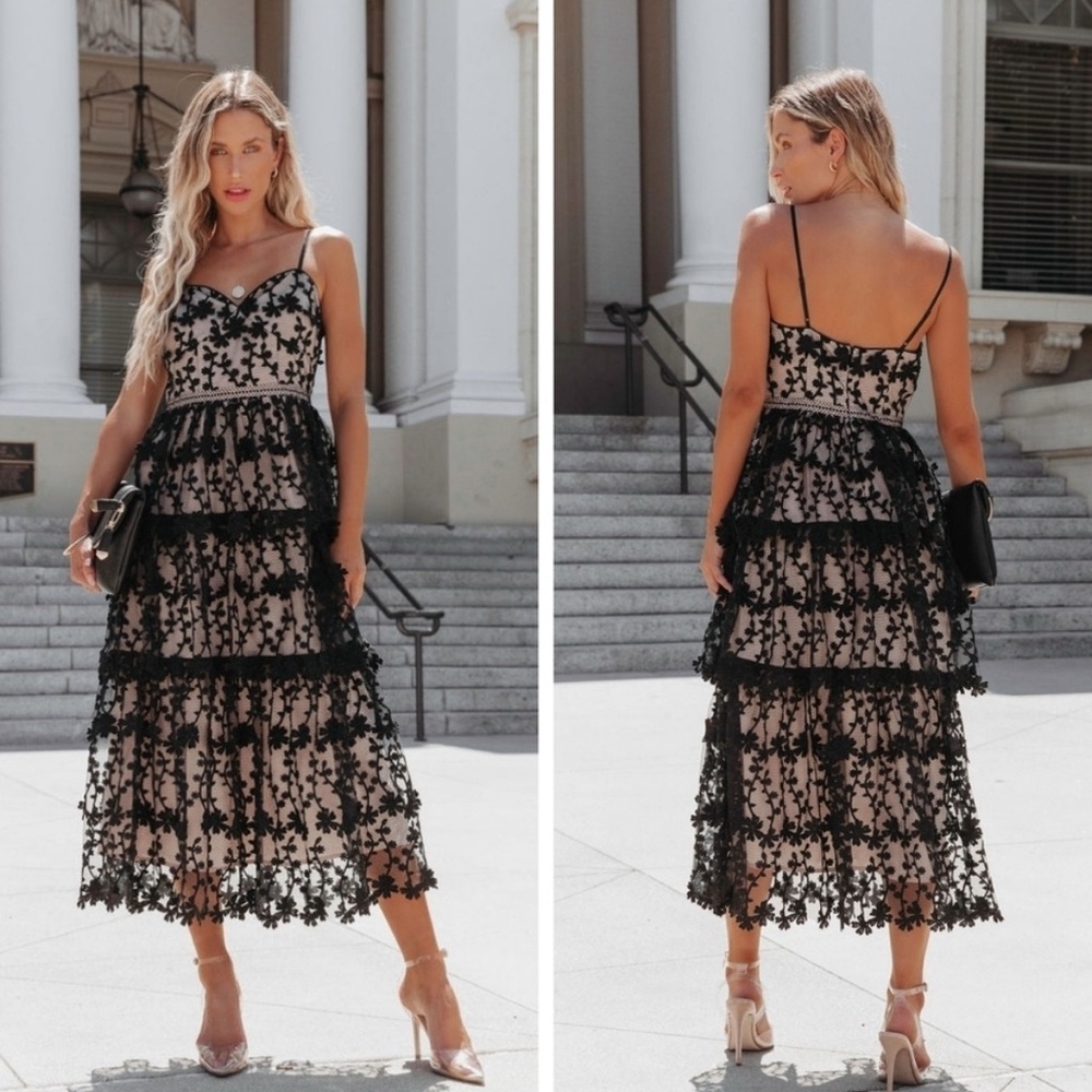 Endless Rose Black Crochet Lace Layered Midi Dress size medium NEW NYT